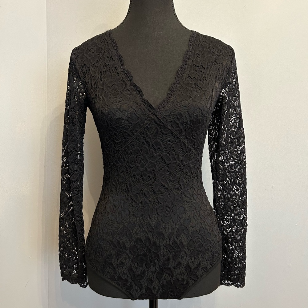 ANGL Sheer Black Lace Bodysuit, size S